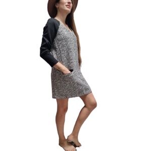 Mango Leopard Print Dress Black White M 12 Office 3/4 Sleeves Midi Pockets